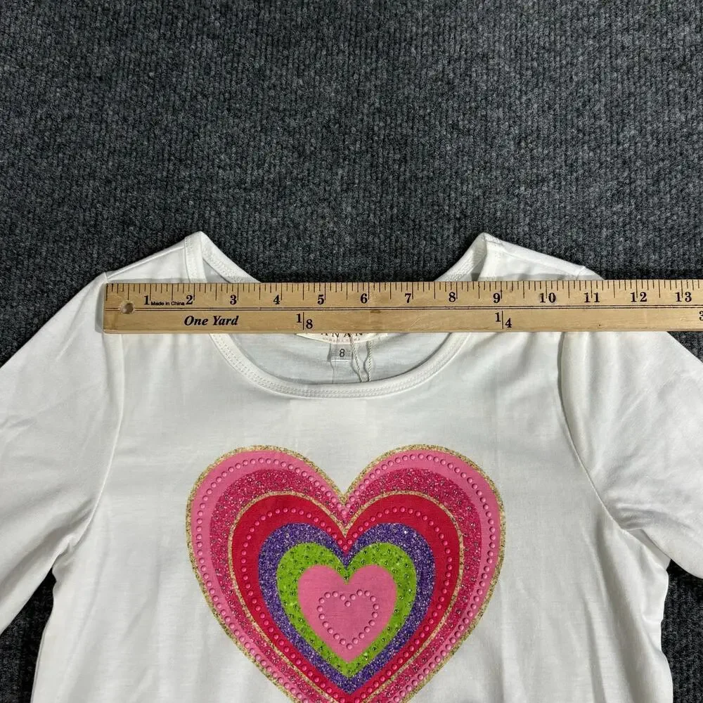 Hannah Banana Shirt Girls 8 White Heart Sequin Long Sleeve Graphic Top New